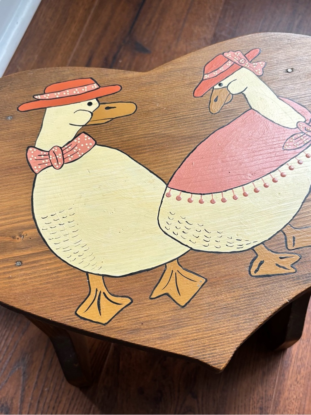Hand-Painted Goose Wooden Stool with Pink Accents